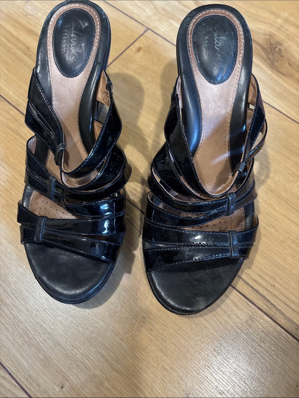 Clarks Black Patent Leather Strappy Heeled Sandals